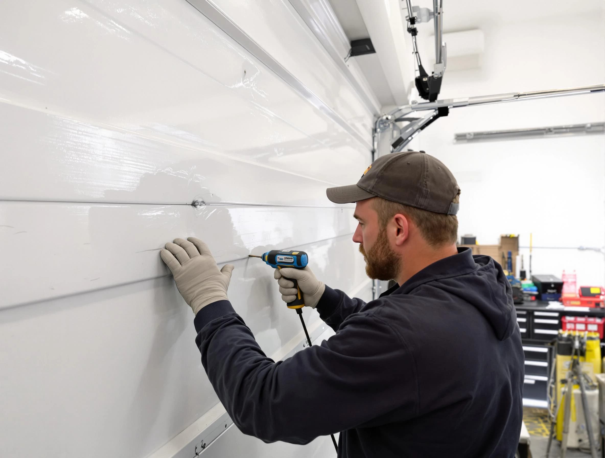 Acton Garage Door Repair technician demonstrating precision dent removal techniques on a Acton garage door