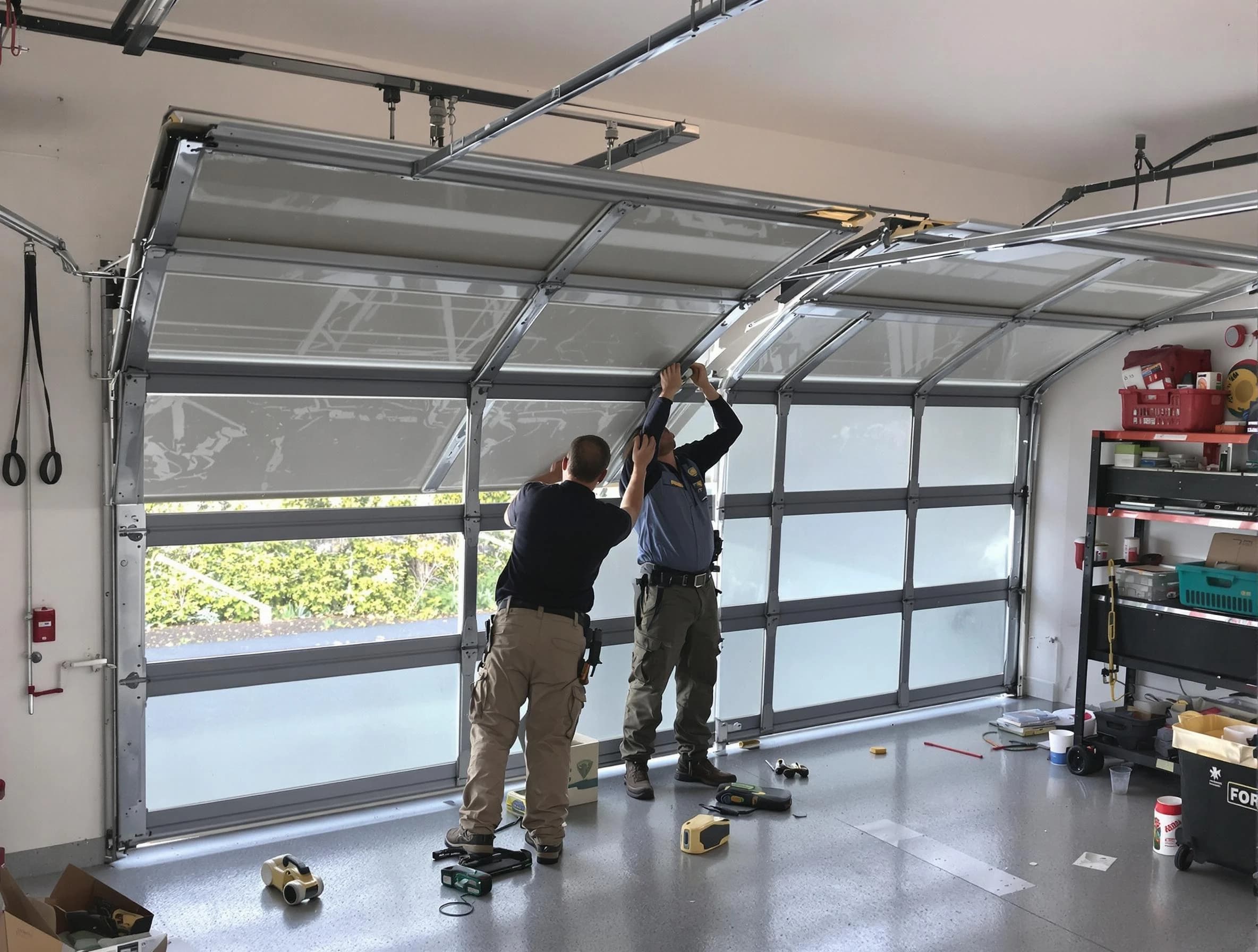 Acton Garage Door Repair expert performing precise panel replacement on Acton garage door