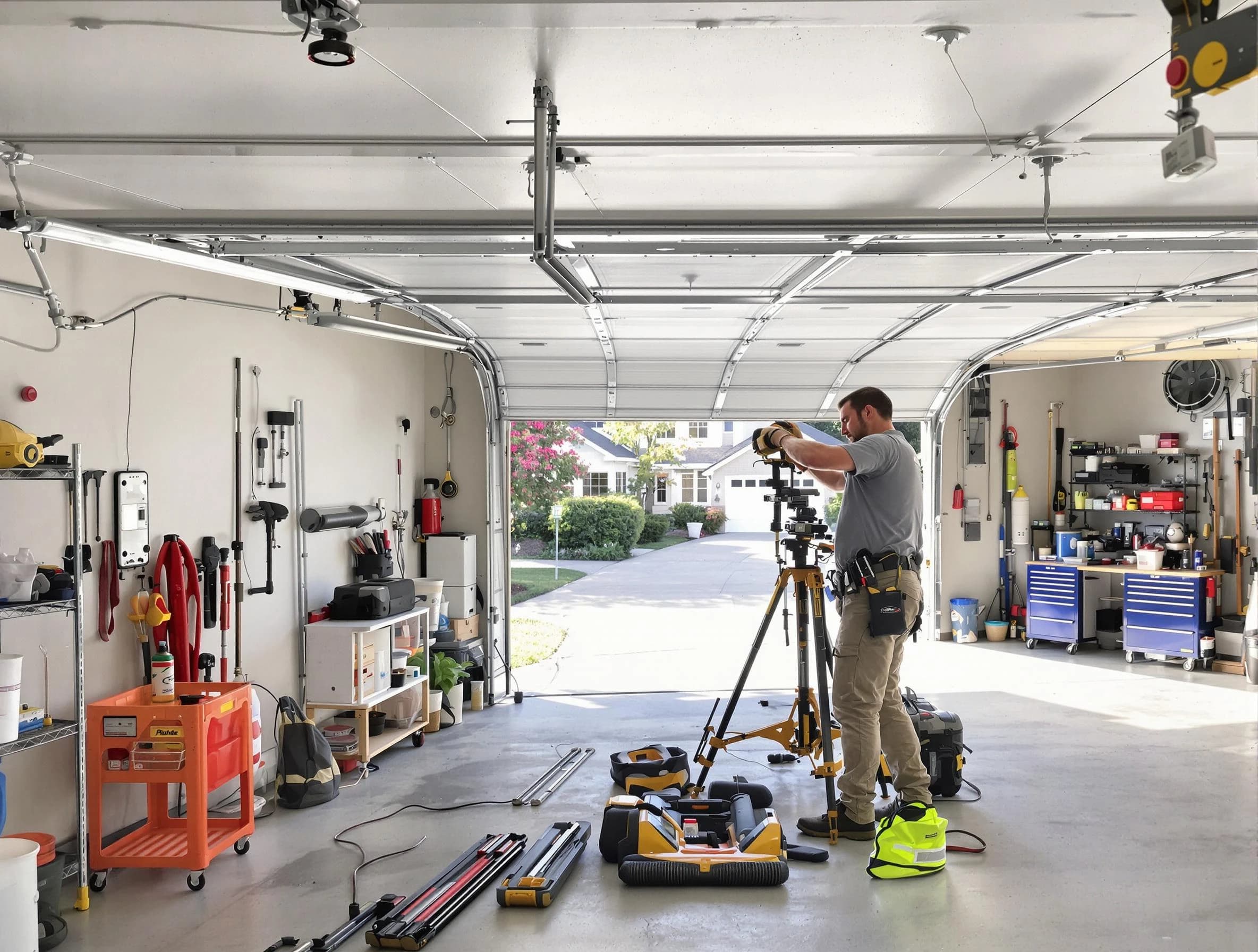 Acton Garage Door Repair specialist performing laser-guided track alignment in Acton